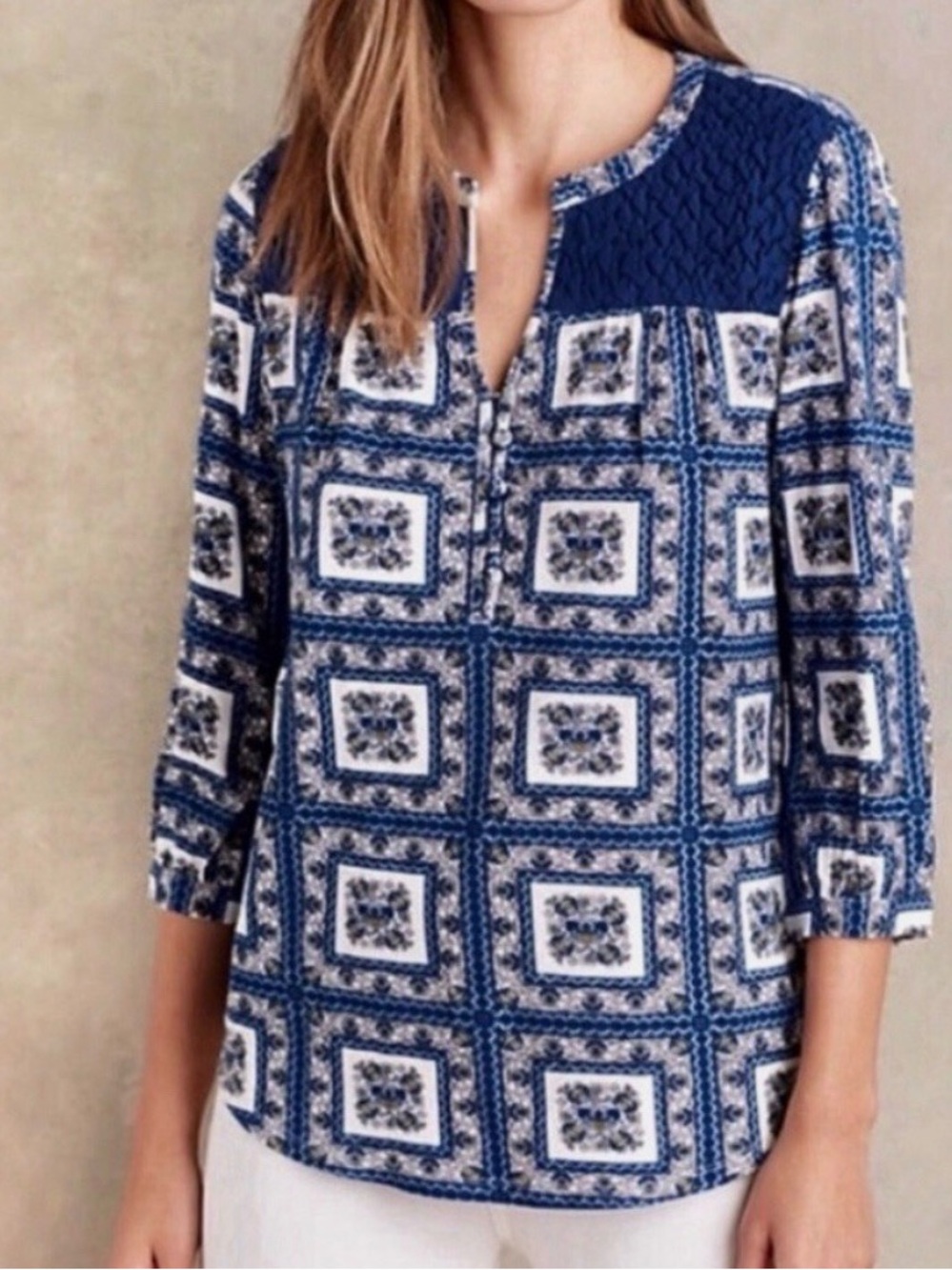 Anthropologie Porridge Belmar Blue White Popover Blouse Size XS Cottagecore